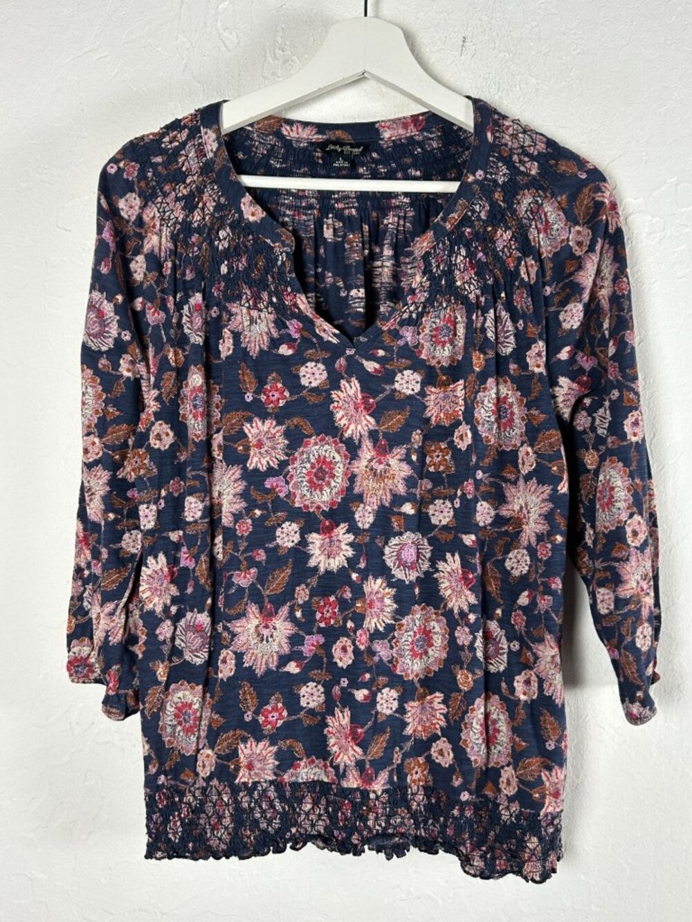 Lucky Brand Womens Floral Smocked Boho Peasant Top Blouse Large Navy Multicolor